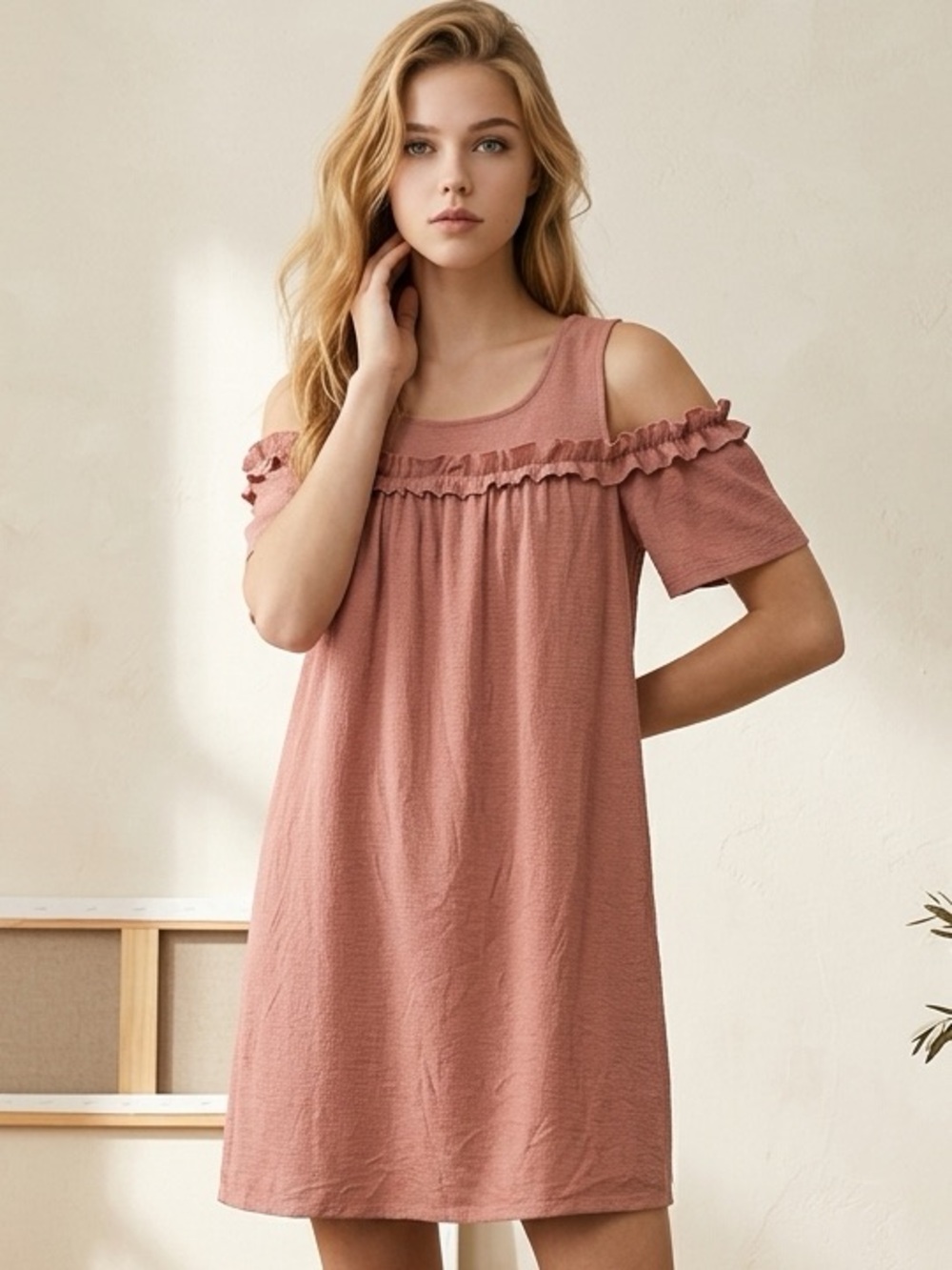 LC Lauren Conrad Women's Pink Knee Shift Cold Shoulder Ruffle Scoop Dress S
